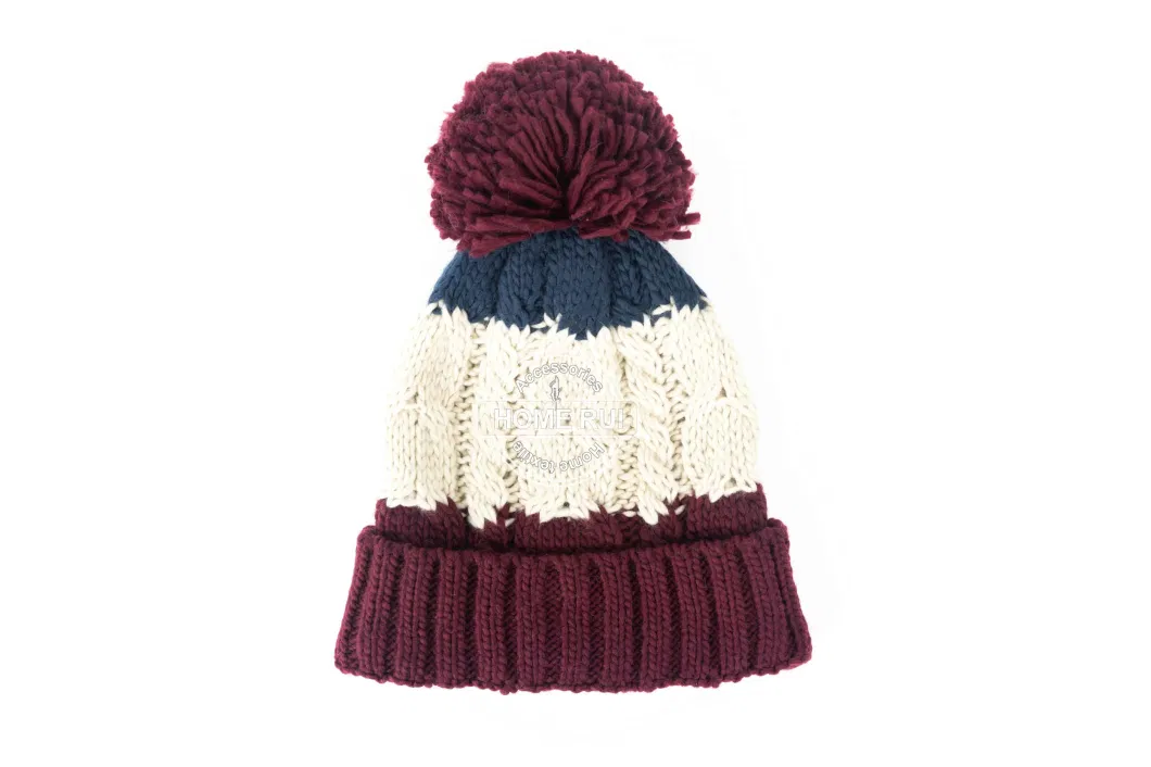 Kids Children Warm Soft Slouchy Chunky Pompom Wine Navy Beige Fold Edge Knitted Rib Solid Plain Bonnet Casual Hat Beanie