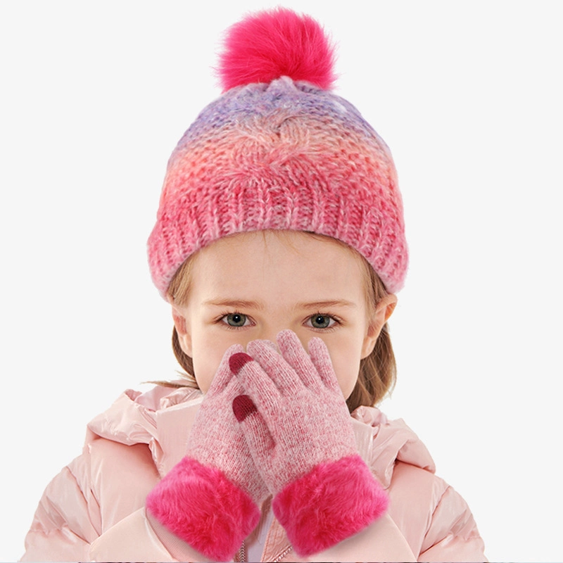 Winter Children Warm Touch Screen Gloves and Pompom Fleece Knitted Hat Set