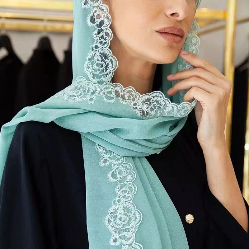 Summer Pearl Chiffon Fashion Lace Bandana New Style Hot Sale Custom Solid Color Lond Lady Scarf