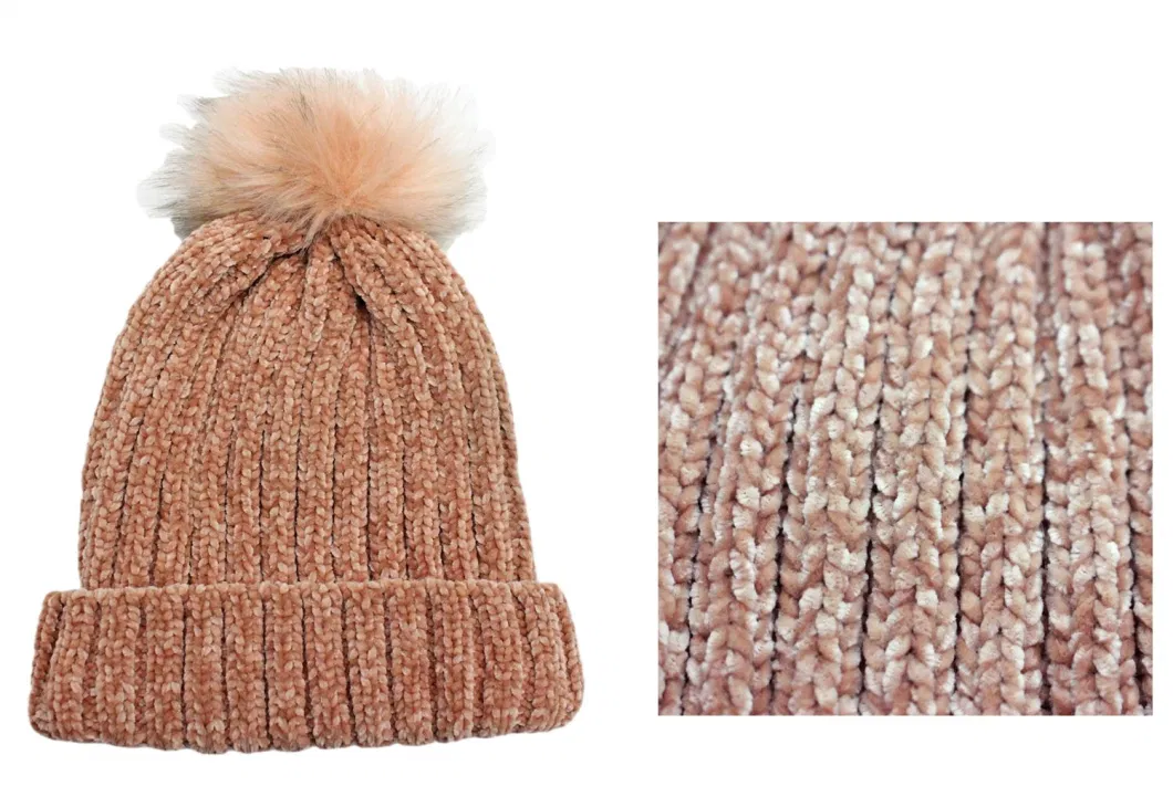 Faux Fur Pompom Chenille Cable Knitting Super Warm and Soft Beanie Hat