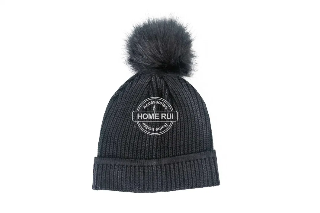 Unisex Warm Soft Slouchy Acrylic Fold Cuff Edge Black Fur Pompom Silver Oil Print Knitted Rib Bonnet Casual Hat Beanie