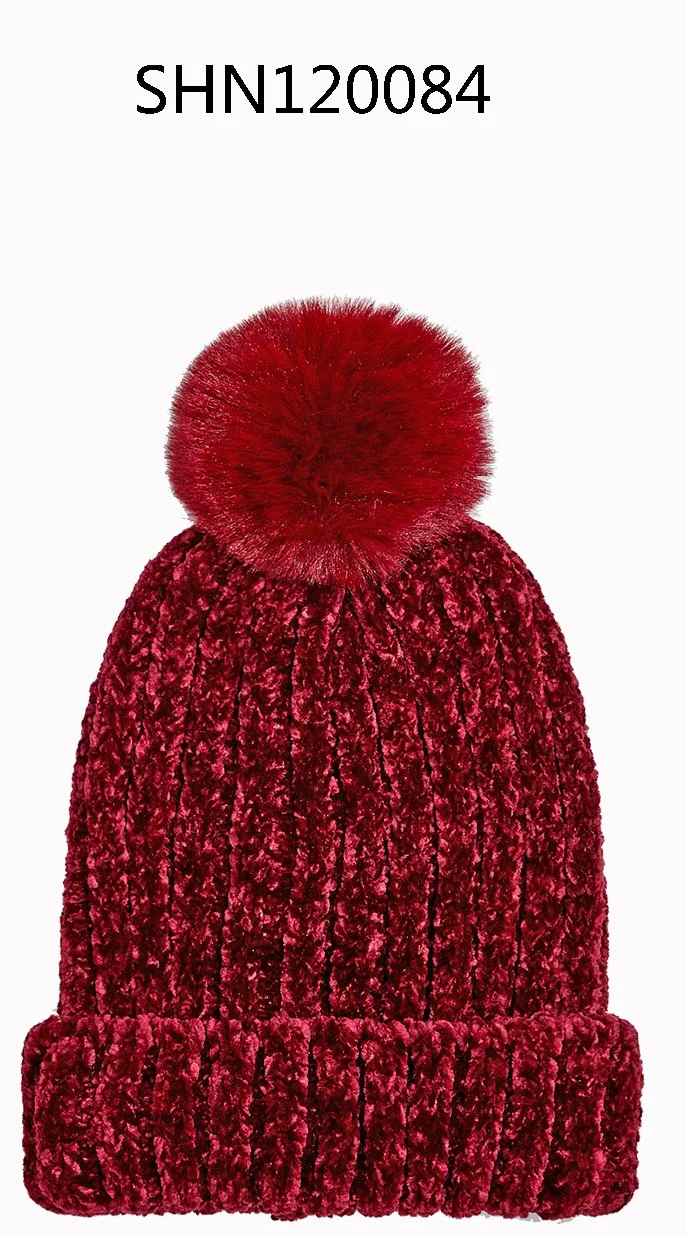 Faux Fur Pompom Chenille Cable Knitting Super Warm and Soft Beanie Hat