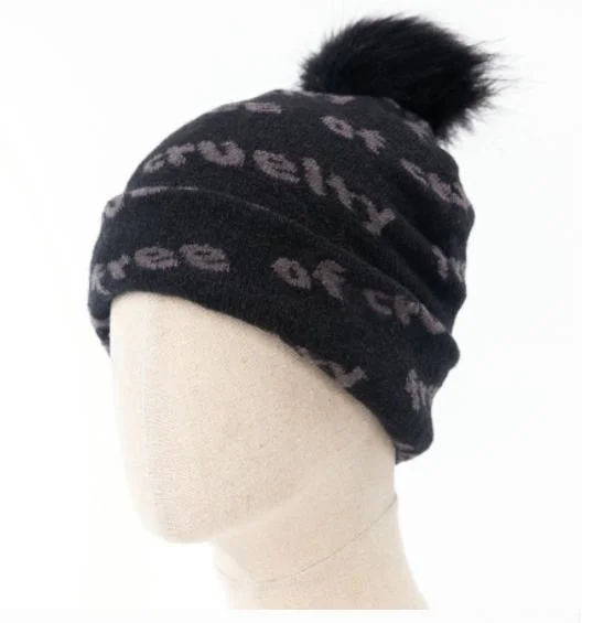 Factory Recycle Polyester Customized Words Jacquard Pompom Plain Knitted Hat
