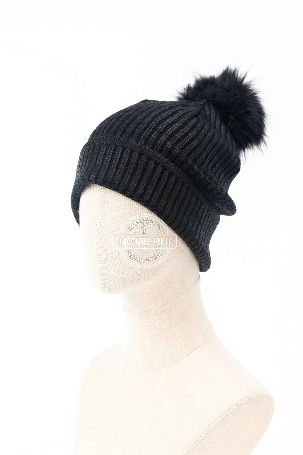 Unisex Warm Soft Slouchy Acrylic Fold Cuff Edge Black Fur Pompom Silver Oil Print Knitted Rib Bonnet Casual Hat Beanie