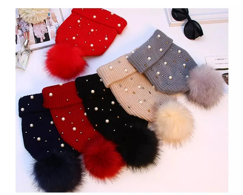 New Women Beanie Curl Cap Winter Fashion Knitted Thick Woolen Caps Winter Ball Puff Ball Hats Beanie Cap Wholesale