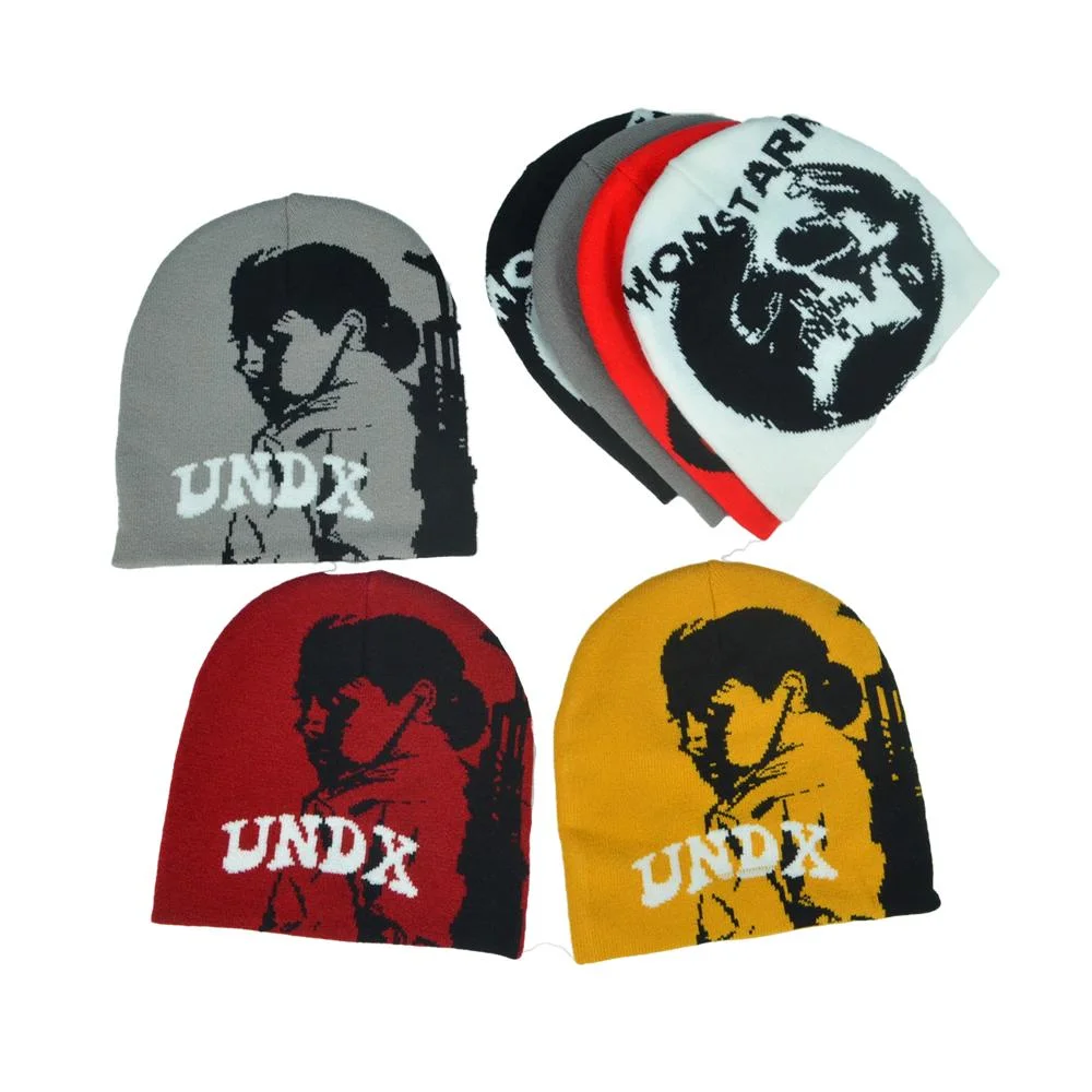 OEM Fashion 100% Acrylic All Over Jacquard Beanie with Custom Embroidery Logo Knitted Warm Winter Hats