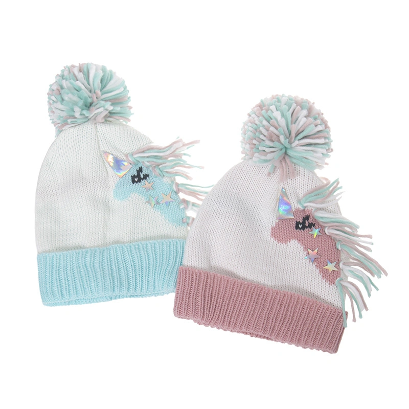 Lovely Animal Custom Jacquard Unicorn Pompom Bobble Acrylic Knitted Winter Beanie Hat