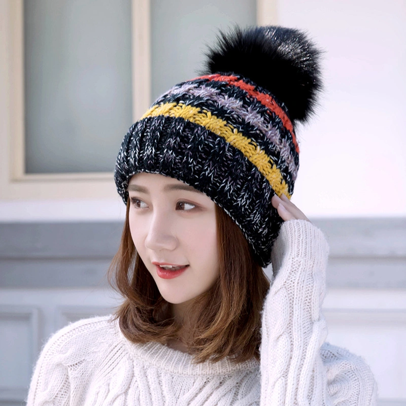 Women Custom Logo High Quality Stripe Ski Knit Hat Acrylic Jacquard Lined POM POM Beanie