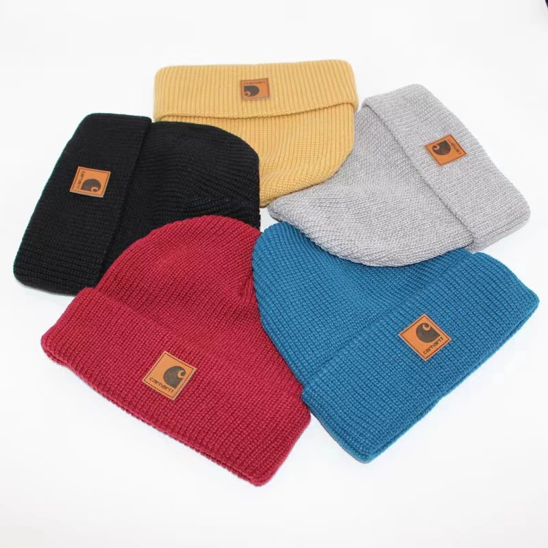 Soft Warn Leather Label Knit Cuffed Solid Beanie Hat