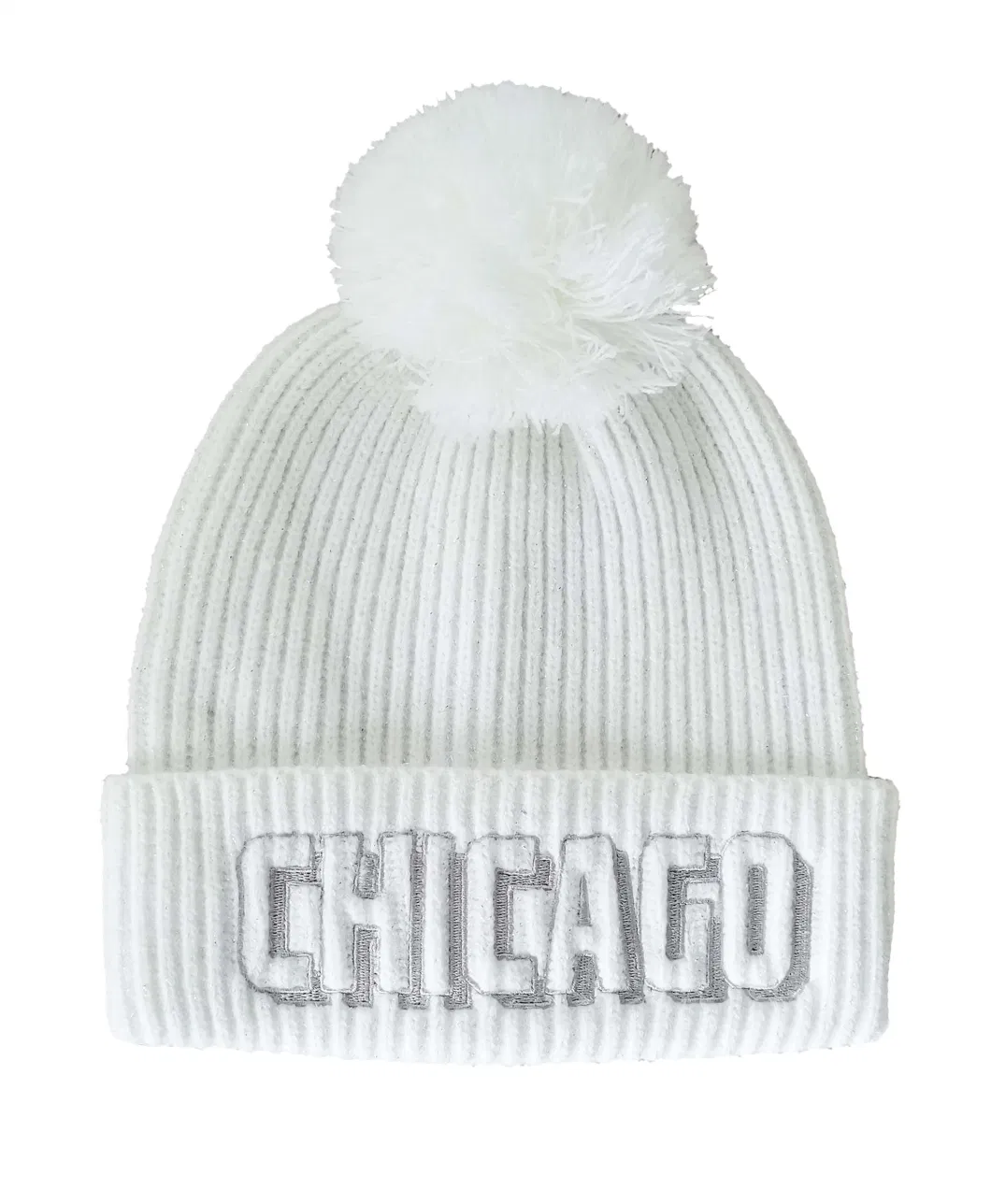 Winter Ladies White Customized Embroidery Plain Knitted Pompom Hat Beanie