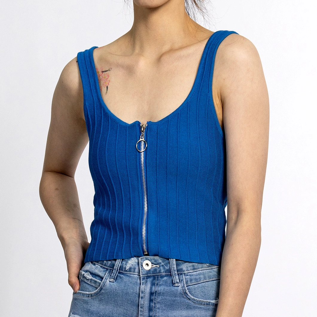 Custom Summer Cool Knitted Cotton Blue Female Vest Sleeveless Women Top