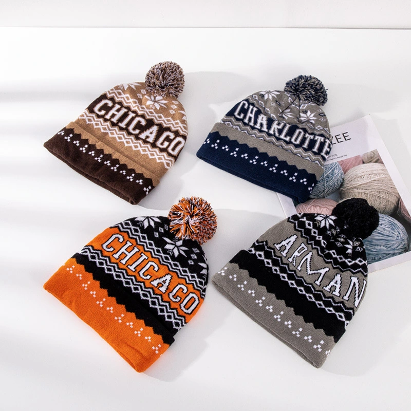 Hat Manufacturers Custom European and American Foreign Trade Jacquard Knitting Hat Autumn and Winter Warm Wool Hat with Hair Ball Ear Knitting Hat