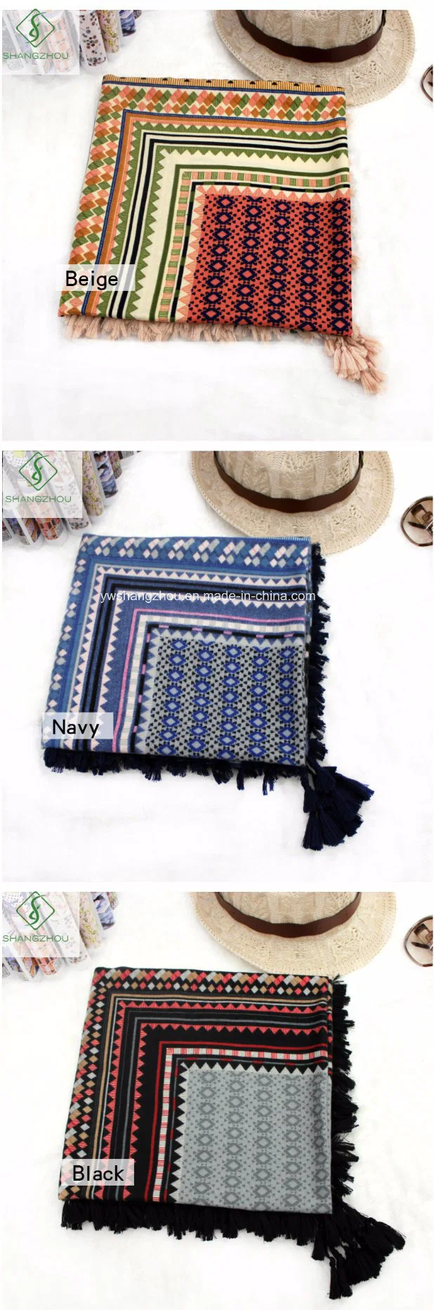 Lady Fashion Square Scarf with Tassel Printed Twill Cotton Shawl