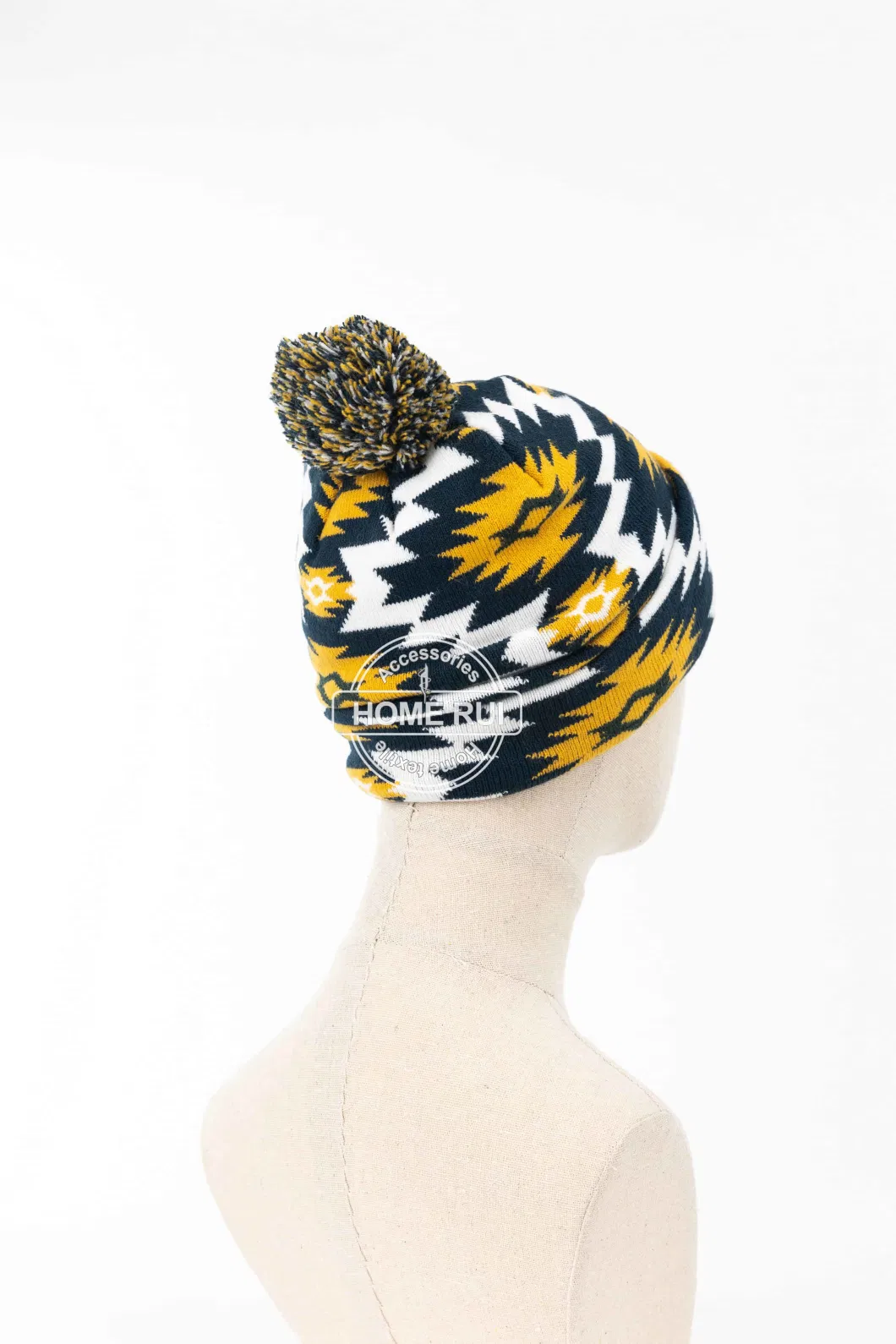 Women Warm Soft Slouchy Acrylic White Navy Yellow Pompom Jacquard Bonnet Casual Hat Beanie