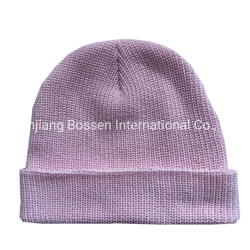 China Factory OEM Custom Solid Color 100% Cotton Pink Winter Warm Knit Sport Hat Beanie