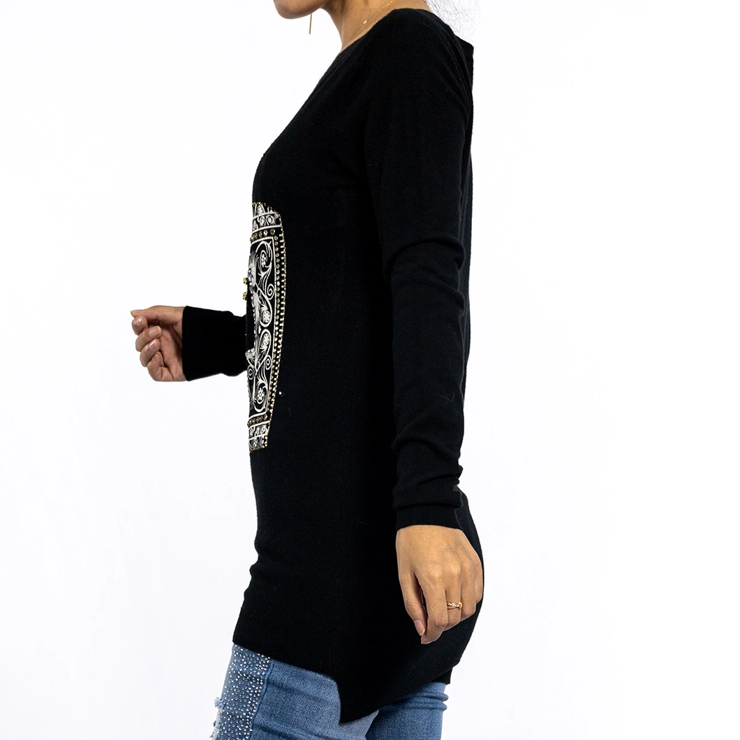 Autumn Round Neck Printed Drill Long Knitwear Pullover Black Sweaters Women Tops