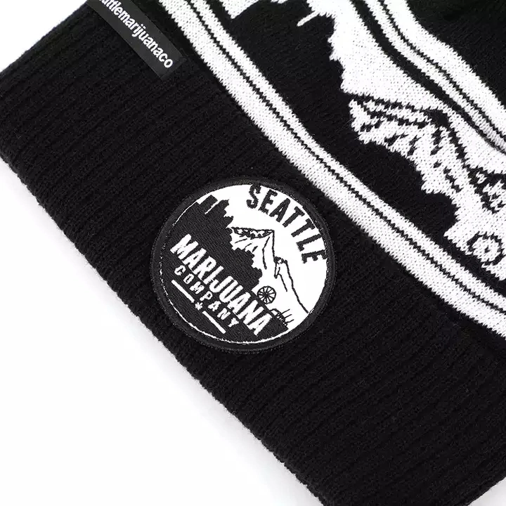 Custom Hot Selling Products Winter Pompom Beanie 100% Acrylic Children Unisex Beanie Hats Embroidery Patch Black Jaquared Beanie