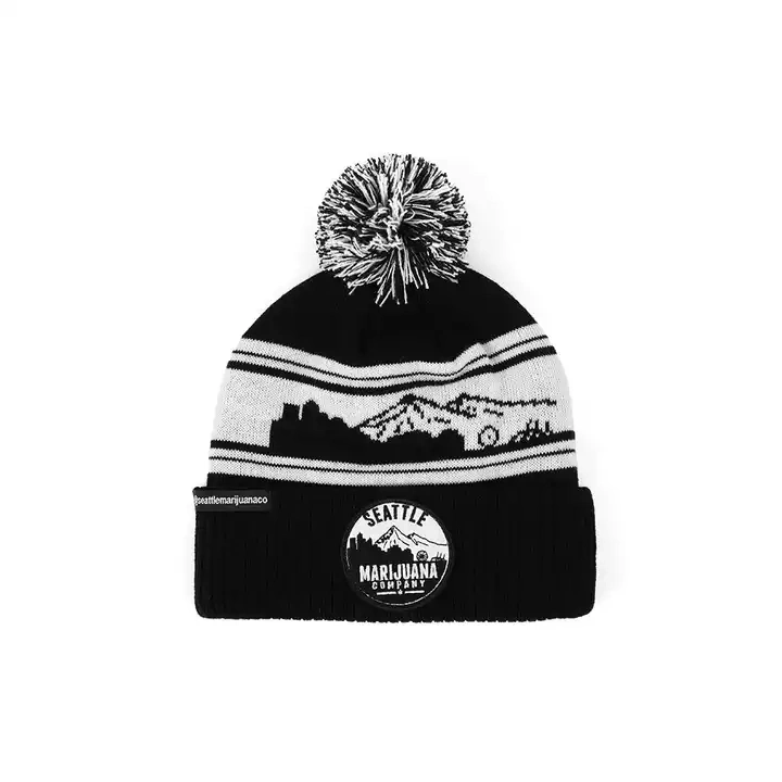 Custom Hot Selling Products Winter Pompom Beanie 100% Acrylic Children Unisex Beanie Hats Embroidery Patch Black Jaquared Beanie