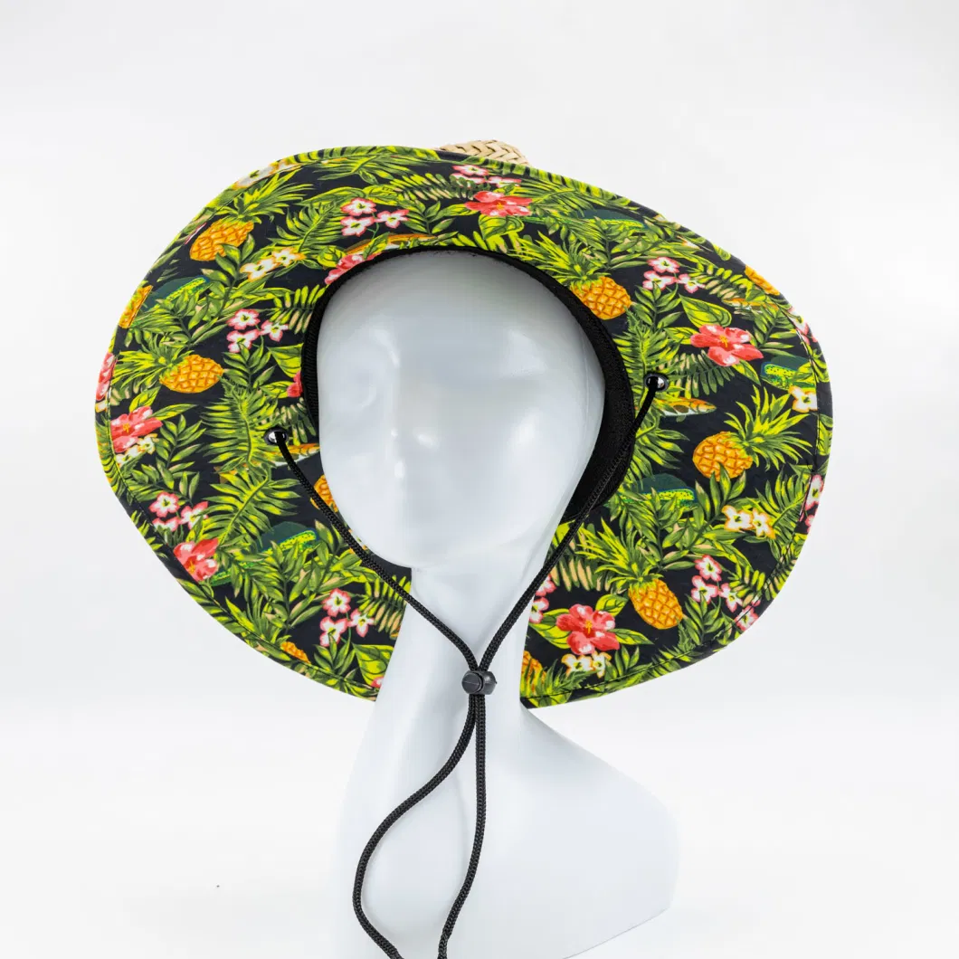 Rush Straw Hat Bottom with Cotton Print Fabric Brim