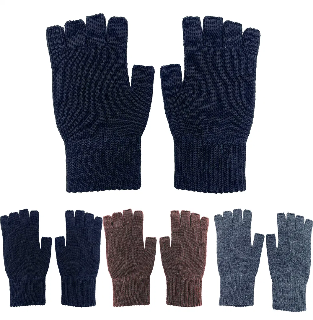 Solid Colors Plan Acrylic Elastic Mens Winter Fingerless Knitted Gloves