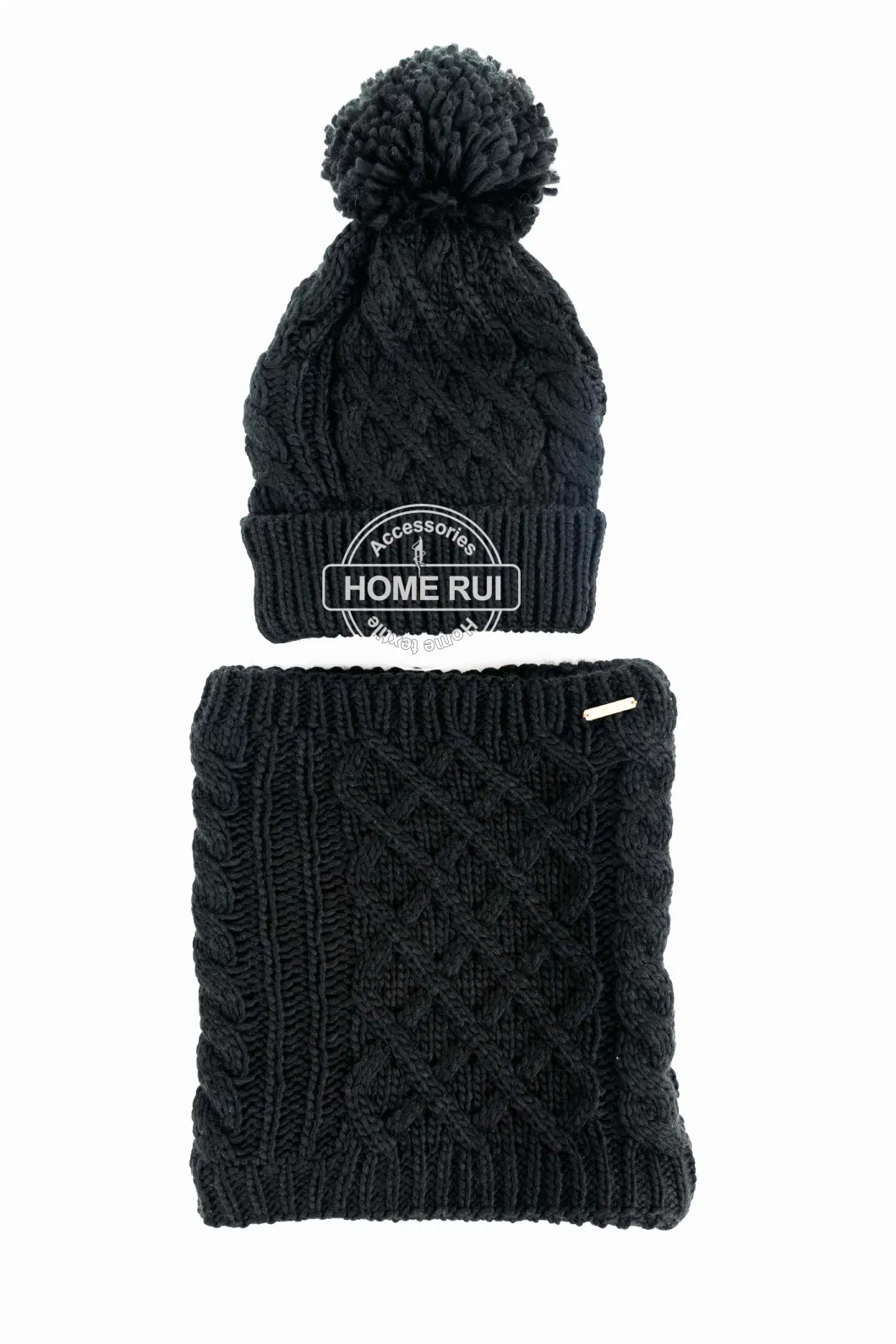 Unisex Women Men Beanie Scarf Winter Sets Cross Knit Cable Design POM Hats Caps Neck Warmer Fleece Two Layers Snood Hat Bonnet