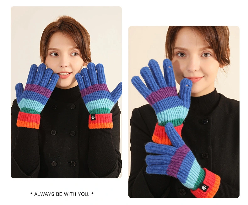 Colorful Rainbow Stripes Style Fashion Soft Warmer Winter Long Wholesale High Quality Sheepskin Wool Knitting Gloves