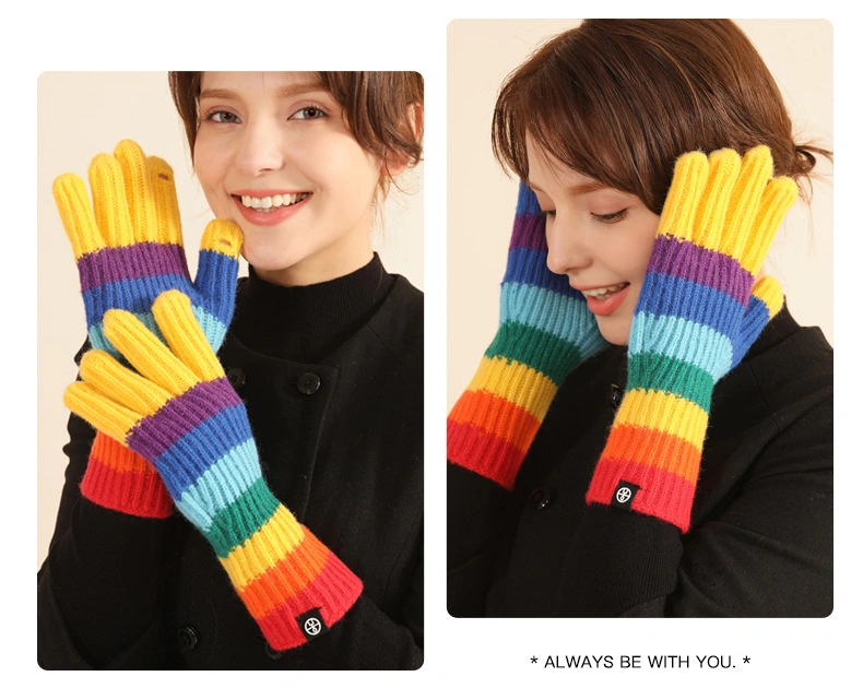 Colorful Rainbow Stripes Style Fashion Soft Warmer Winter Long Wholesale High Quality Sheepskin Wool Knitting Gloves