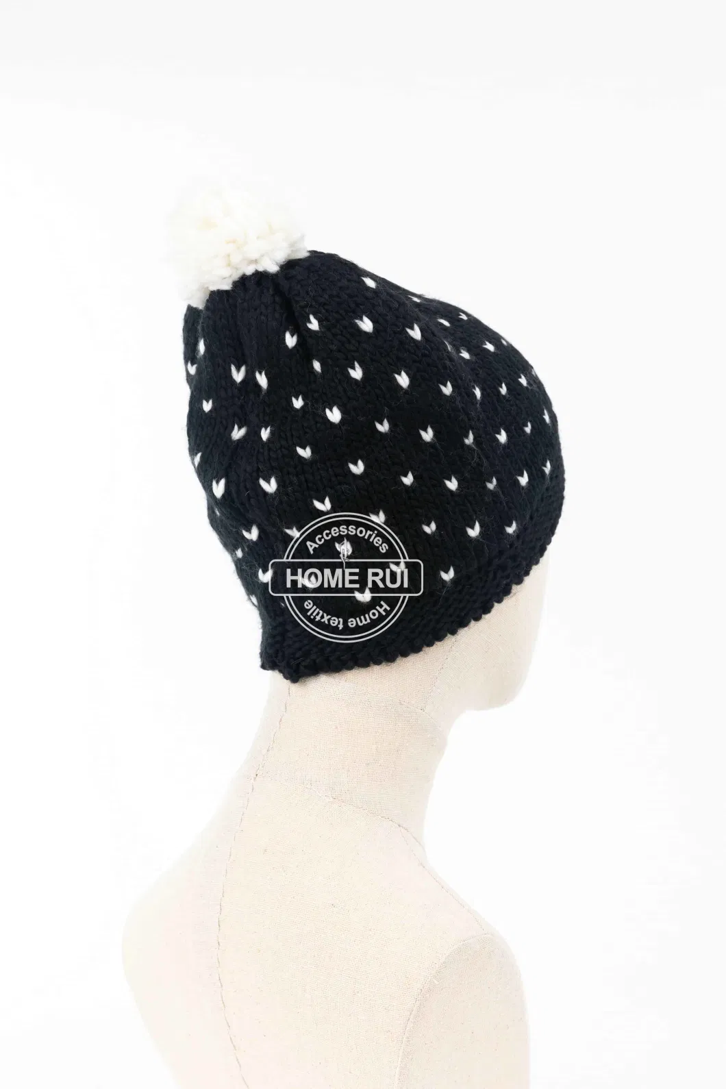 Women Warm Soft Acrylic Black White Solid Colour Pompom Jacquard Knitted Dots Bonnet Casual Hat Beanie