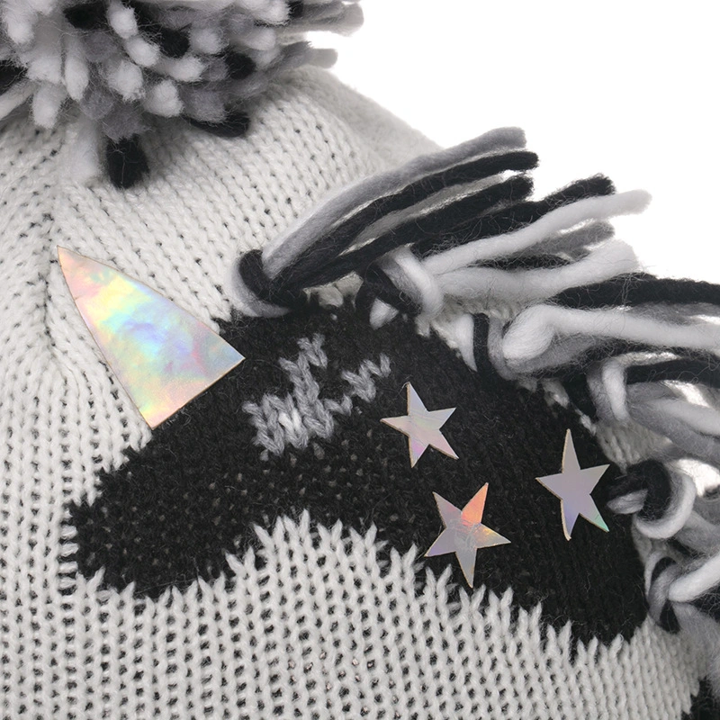 Lovely Animal Custom Jacquard Unicorn Pompom Bobble Acrylic Knitted Winter Beanie Hat