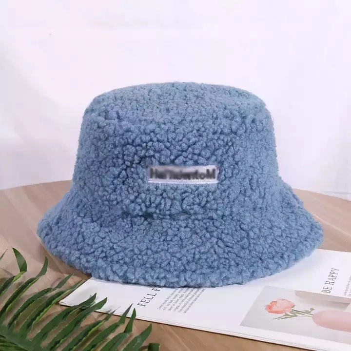 Fashion Lady Solid Soft Warm Winter Hat Fleece Outdoor Vacation Faux Lamb Wool Sherpa Bucket Hat Sherpa Hat