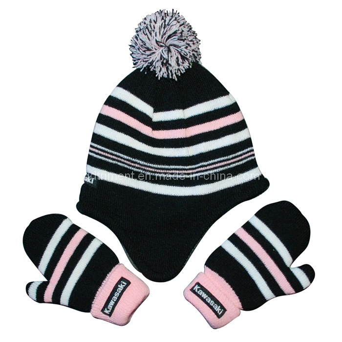 Acrylic POM Polar Fleece Lining Glove Earflap Knited Beanie (TMK8381)