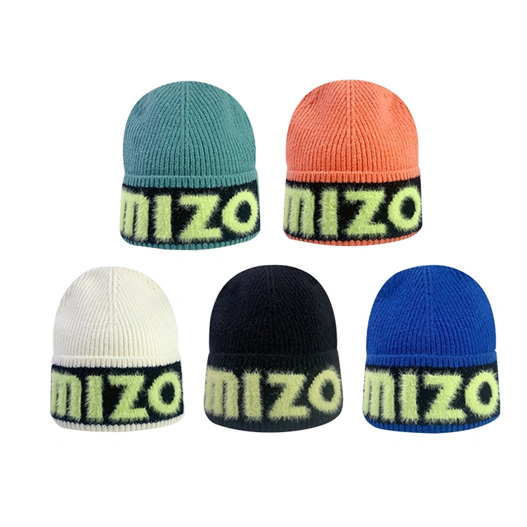 2023 Customize Logo Double Thick Layer 100%Acrylic Cuffed Knit Beanie Slouchy Mohair Beanie