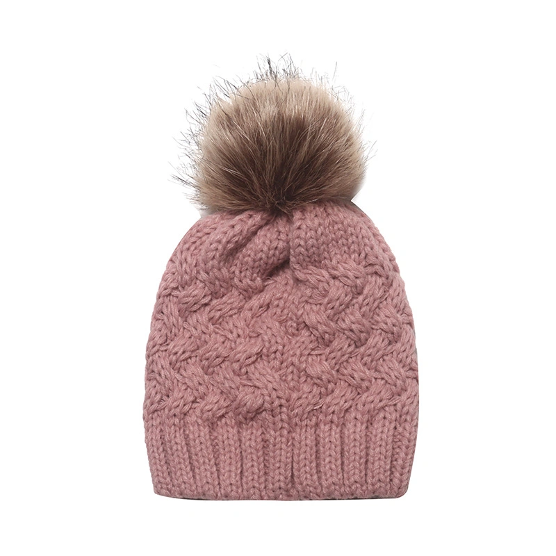 Cute Custom Acrylic Plain Color Childern Kids Pompom Bobble Knitted Winter Beanie Hat
