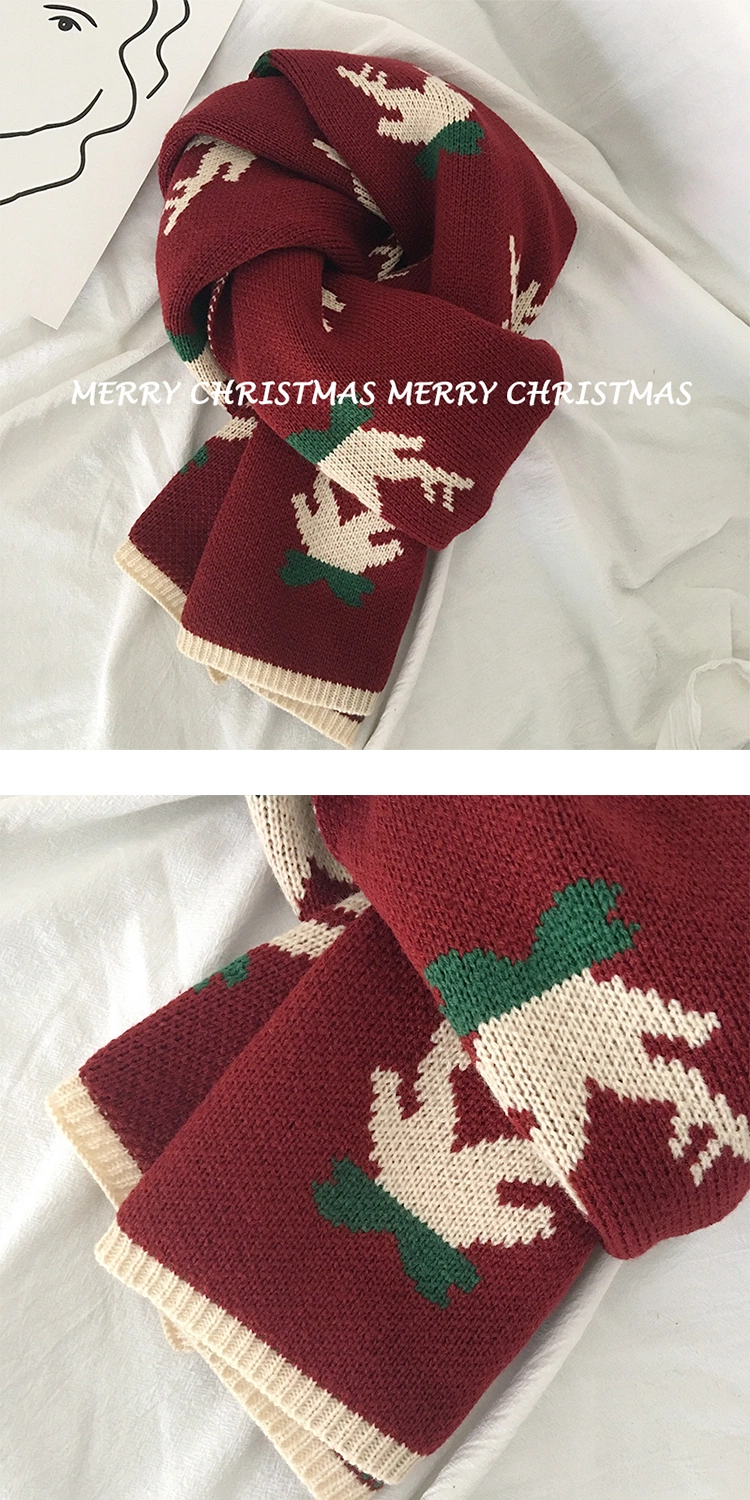 Christmas Gift Wine Red Knitting Moose Scarves for Men Women Thick Lovers&prime; Wool Necker Scarves for Girl Boys