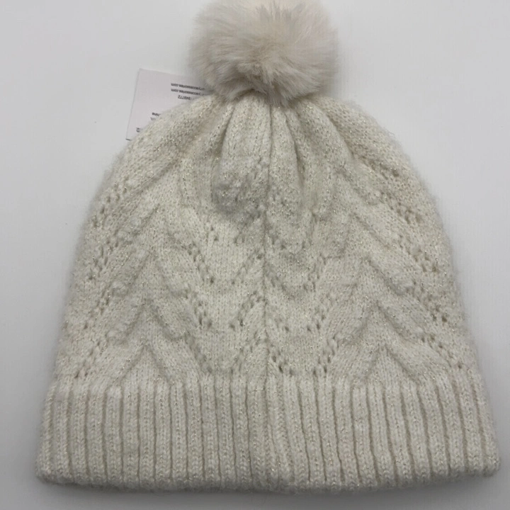 Girls Cap Acrylic Offwhite Cute Cable Knitted Hat with Fake Fur Pompom with Polyester Lining