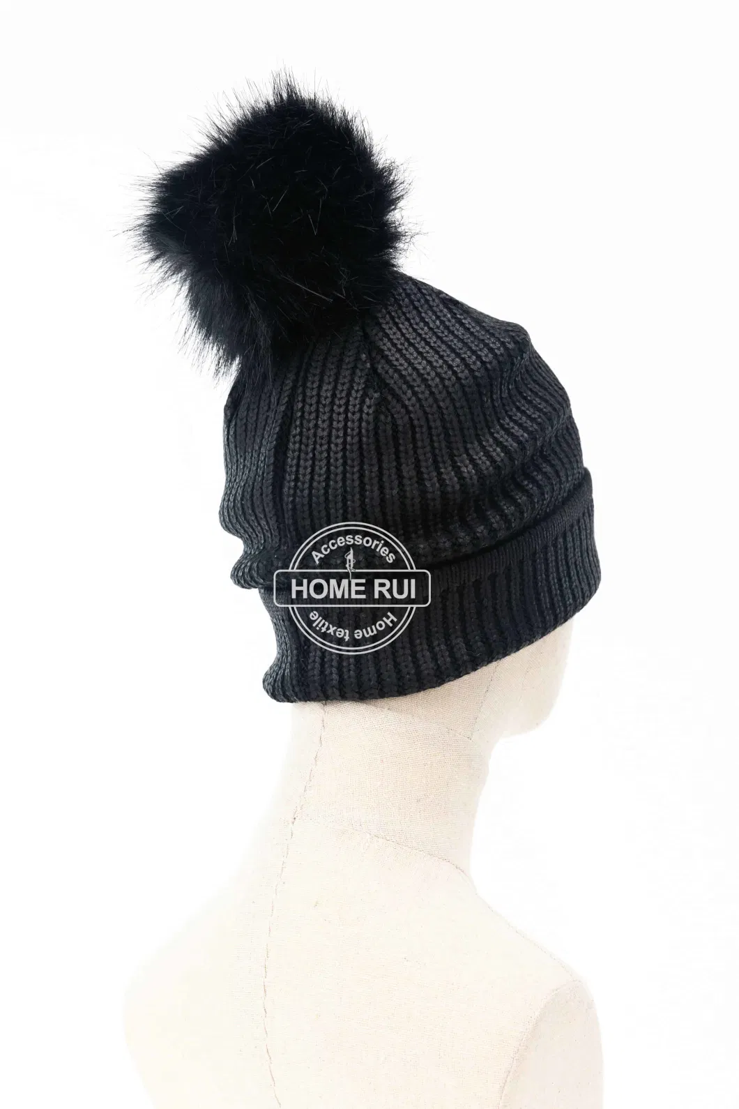 Unisex Warm Soft Slouchy Acrylic Fold Cuff Edge Black Fur Pompom Silver Oil Print Knitted Rib Bonnet Casual Hat Beanie