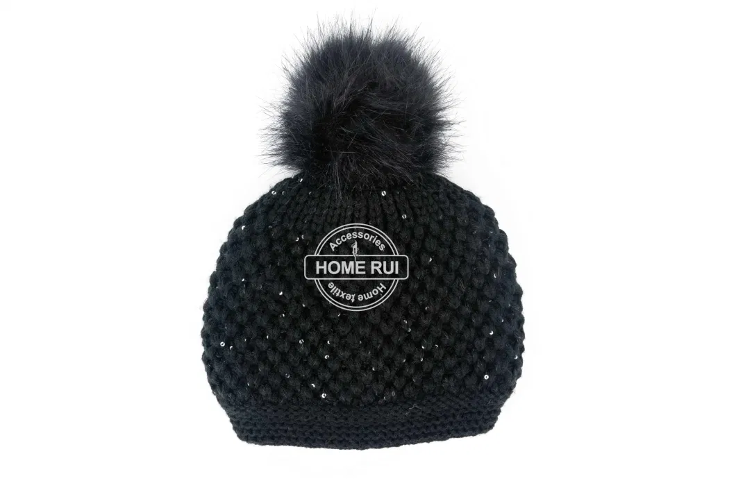 Women Warm Soft Acrylic Black Fur Pompom Sparkle Yan Plastic Sequin Knitted Basket Weave Bonnet Casual Hat Beanie