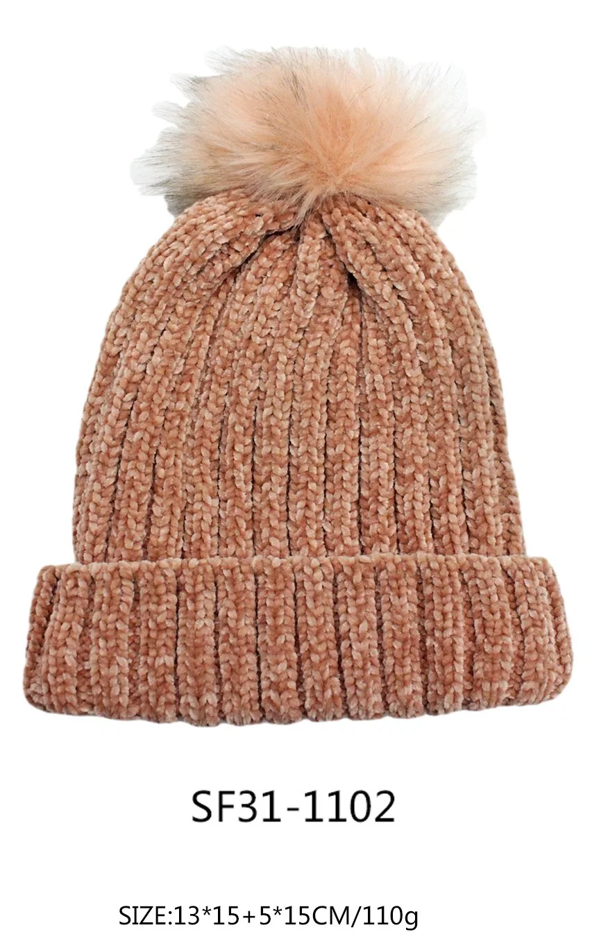 Faux Fur Pompom Chenille Cable Knitting Super Warm and Soft Beanie Hat