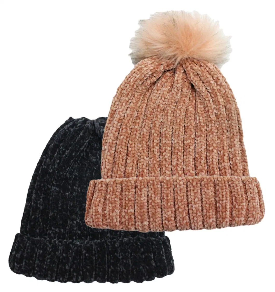 Faux Fur Pompom Chenille Cable Knitting Super Warm and Soft Beanie Hat