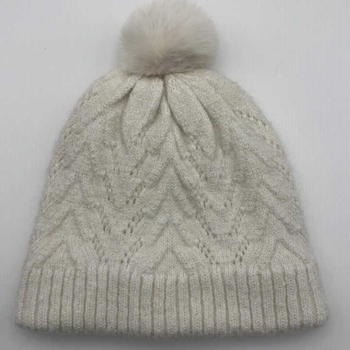 Girls Cap Acrylic Offwhite Cute Cable Knitted Hat with Fake Fur Pompom with Polyester Lining