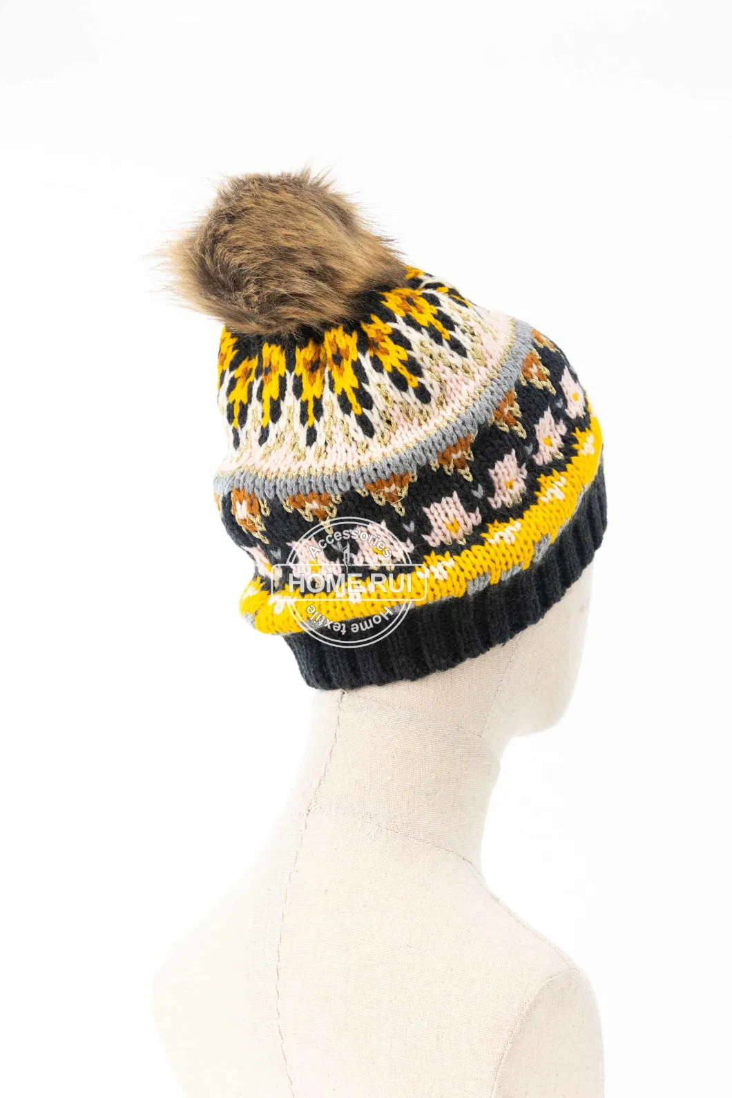 Women Warm Soft Acrylic Yellow Blended Mixed Colour Fur Pompom Faire Iland Jacquard Design Bonnet Casual Hat Beanie