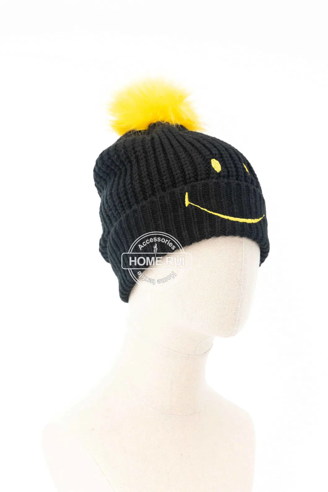 Women Warm Soft Acrylic Black Yellow Pompom Solid Plain Rib Smile Face Embroidery Bonnet Casual Hat Beanie