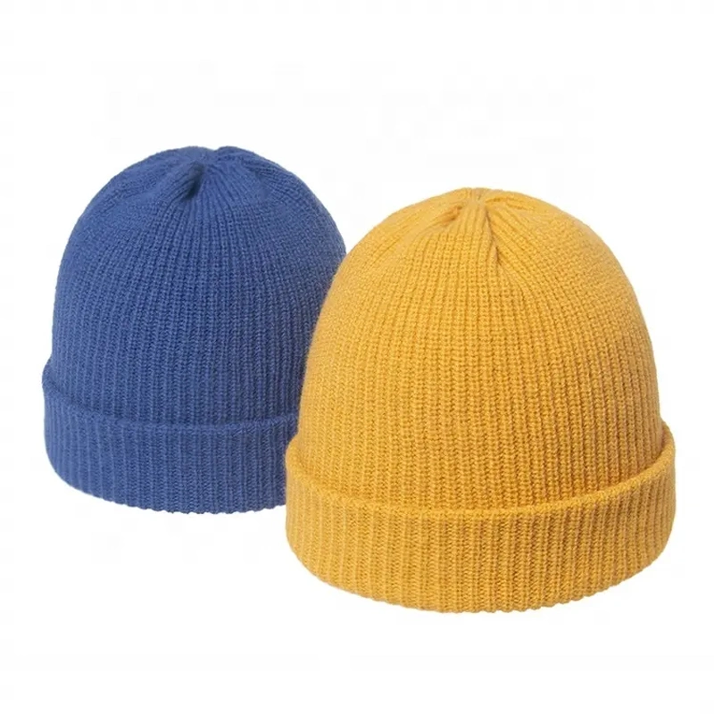 Custom Wholesale Fisherman Logo Recycled Yarn Acrylic Warm Plain Winter Hat Unisex Sport Long Ribbed Cuff Knit Beanie