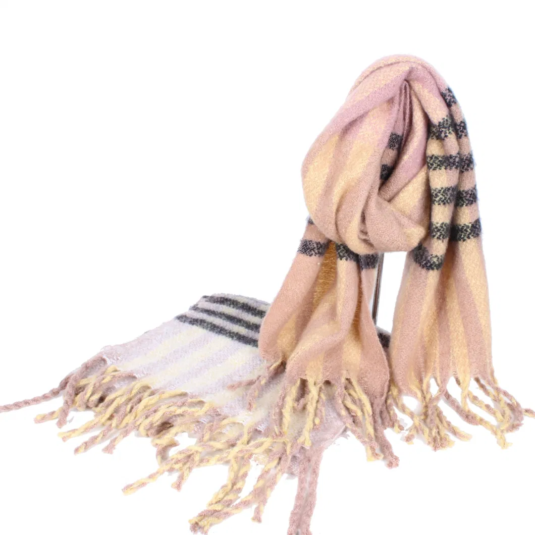 Custom Made Designer Lady Accessories Acrylic Cashmere Stripes Brushed Thick Scarf with Long Tassle