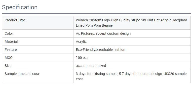 Women Custom Logo High Quality Stripe Ski Knit Hat Acrylic Jacquard Lined POM POM Beanie