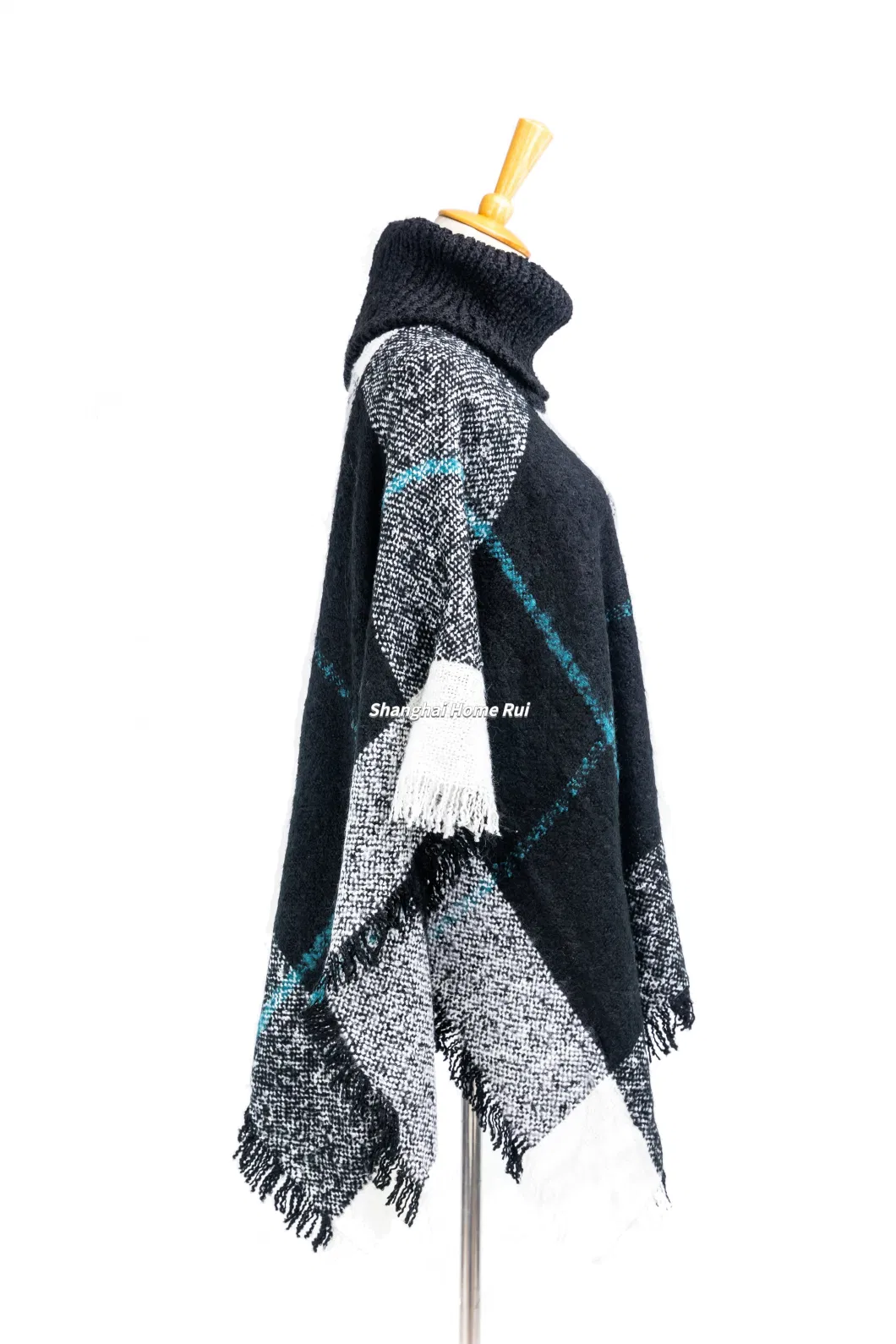 Outfit Fall Winter Couture Lady Woven Plus Batwing Breathable Classic Knitted Mixed Block Tassel Wraps Nova Scottish Plaid Checks Sweater Cape High Neck Cloak