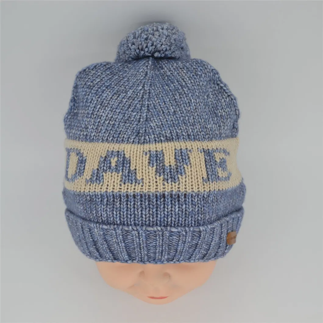 Custom Polar Fleece Polyester Light Blue and Cream-Colored Winter Autumn Knitted Beanie for Kids Children Unisex Custom Logo