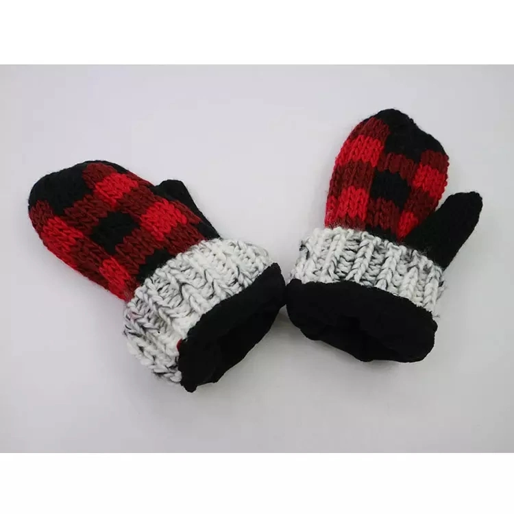 Womens Fashion Fleece Lined Faux Fur POM POM Buffalo Plaid Acrylic Chunky Knit Beanie Winter Hat and Funky Gloves Mittens Set