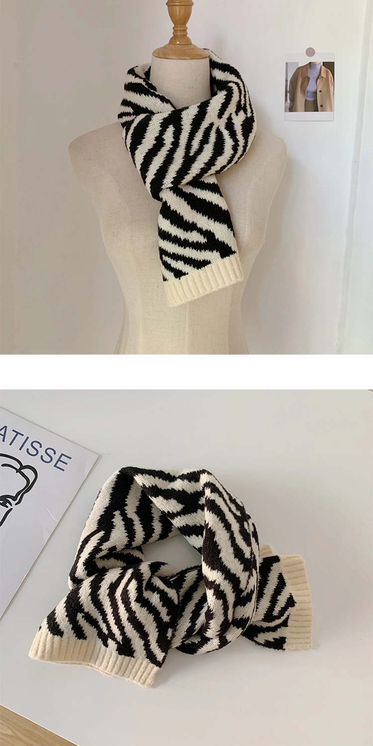 Korean Version Students Short Style Warm Japanese Neck Protection Collar Lady Autumn Winter Zebra Print Jacquard Wool Small Scarf for Women