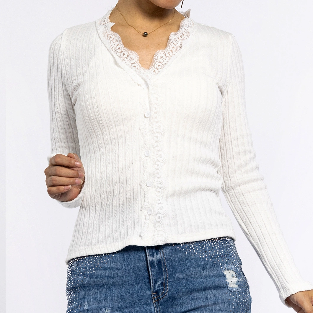 Autumn Long Sleeved Lace V-Neck Button Knitwear Ladies Knitted White Sweaters Women Tops